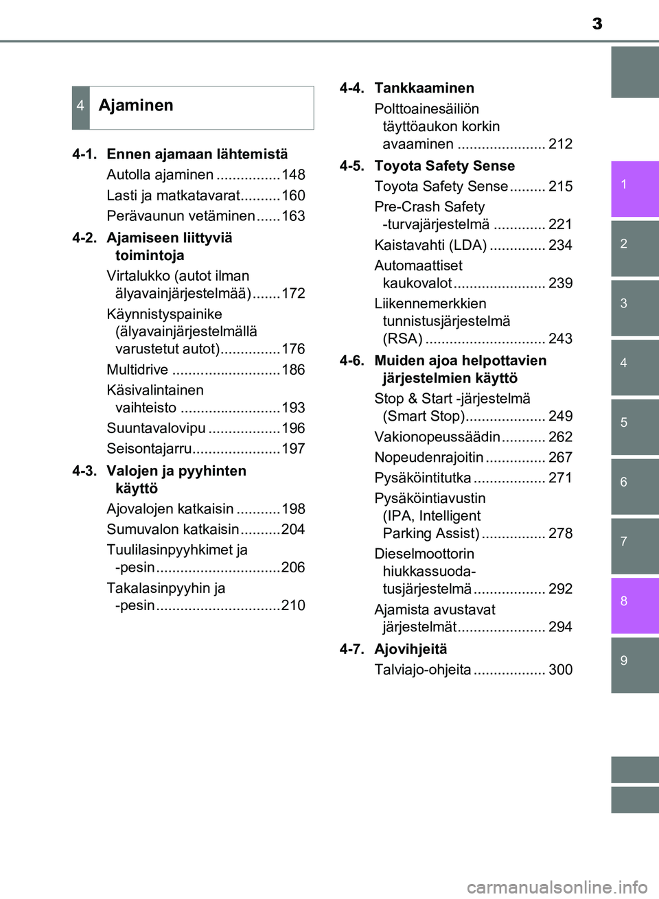 TOYOTA AURIS 2018  Omistajan Käsikirja (in Finnish) 3
1
9 8
7 5 4
3
2
OM12M54FI
6
4-1. Ennen ajamaan lähtemistäAutolla ajaminen ................148
Lasti ja matkatavarat..........160
Perävaunun vetäminen ......163
4-2. Ajamiseen liittyviä  toimint