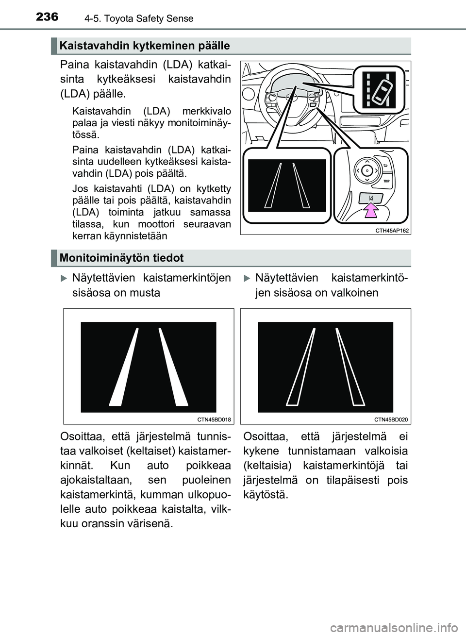 TOYOTA AURIS 2018 Omistajan Käsikirja (in Finnish) 2364-5. Toyota Safety Sense
OM12M54FI
Paina kaistavahdin (LDA) katkai-
sinta kytkeäksesi kaistavahdin
(LDA) päälle.
Kaistavahdin (LDA) merkkivalo
palaa ja viesti näkyy monitoiminäy-
tössä.
Pain TOYOTA AURIS 2018 Omistajan Käsikirja (in Finnish) 2364-5. Toyota Safety Sense
OM12M54FI
Paina kaistavahdin (LDA) katkai-
sinta kytkeäksesi kaistavahdin
(LDA) päälle.
Kaistavahdin (LDA) merkkivalo
palaa ja viesti näkyy monitoiminäy-
tössä.
Pain