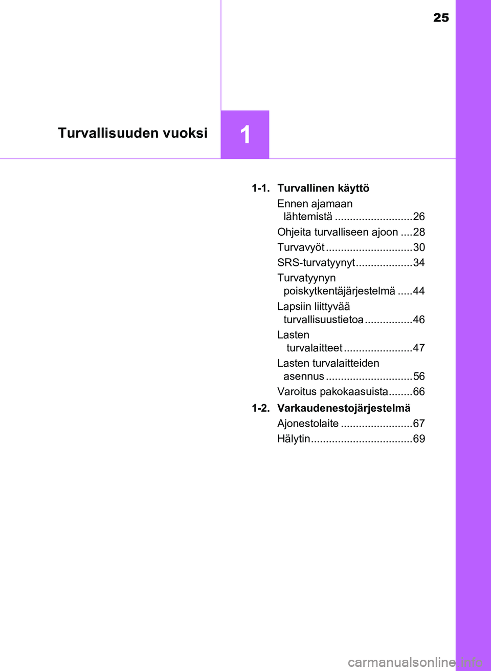 TOYOTA AURIS 2018  Omistajan Käsikirja (in Finnish) 25
1Turvallisuuden vuoksi
OM12M54FI1-1. Turvallinen käyttö
Ennen ajamaan lähtemistä .......................... 26
Ohjeita turvalliseen ajoon .... 28
Turvavyöt ............................. 30
SRS