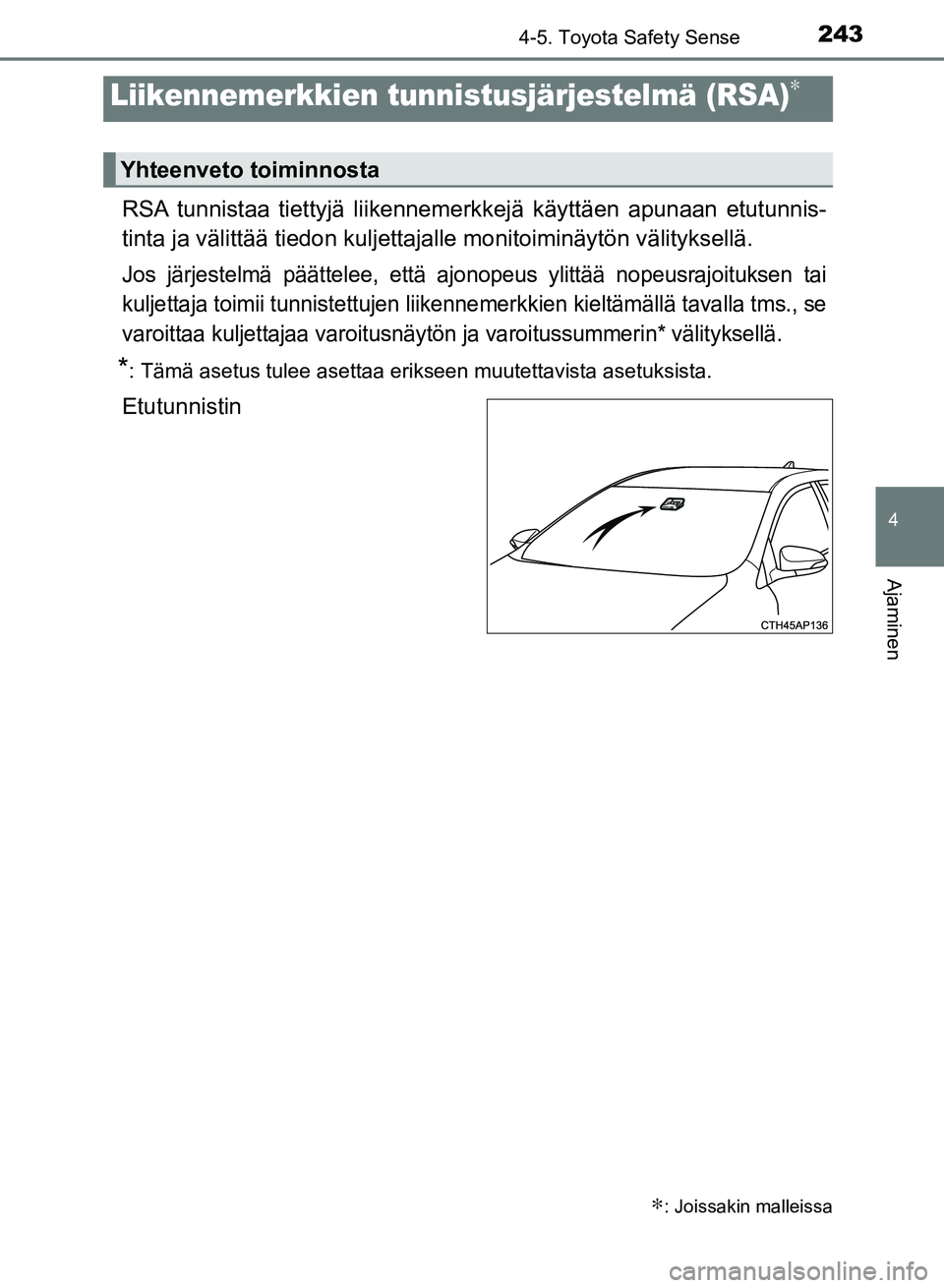 TOYOTA AURIS 2018 Omistajan Käsikirja (in Finnish) 2434-5. Toyota Safety Sense
OM12M54FI
4
Ajaminen
RSA tunnistaa tiettyjä liikennemerkkejä käyttäen apunaan etutunnis-
tinta ja välittää tiedon kuljettaja lle monitoiminäytön välityksellä.
Jo TOYOTA AURIS 2018 Omistajan Käsikirja (in Finnish) 2434-5. Toyota Safety Sense
OM12M54FI
4
Ajaminen
RSA tunnistaa tiettyjä liikennemerkkejä käyttäen apunaan etutunnis-
tinta ja välittää tiedon kuljettaja lle monitoiminäytön välityksellä.
Jo