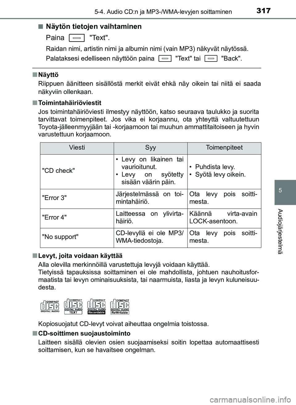 TOYOTA AURIS 2018 Omistajan Käsikirja (in Finnish) 3175-4. Audio CD:n ja MP3-/WMA-levyjen soittaminen
OM12M54FI
5
Audiojärjestelmä
nNäytön tietojen vaihtaminen
Paina "Text".
Raidan nimi, artistin nimi ja albumin nimi (vain MP3) näkyvät näytös TOYOTA AURIS 2018 Omistajan Käsikirja (in Finnish) 3175-4. Audio CD:n ja MP3-/WMA-levyjen soittaminen
OM12M54FI
5
Audiojärjestelmä
nNäytön tietojen vaihtaminen
Paina "Text".
Raidan nimi, artistin nimi ja albumin nimi (vain MP3) näkyvät näytös