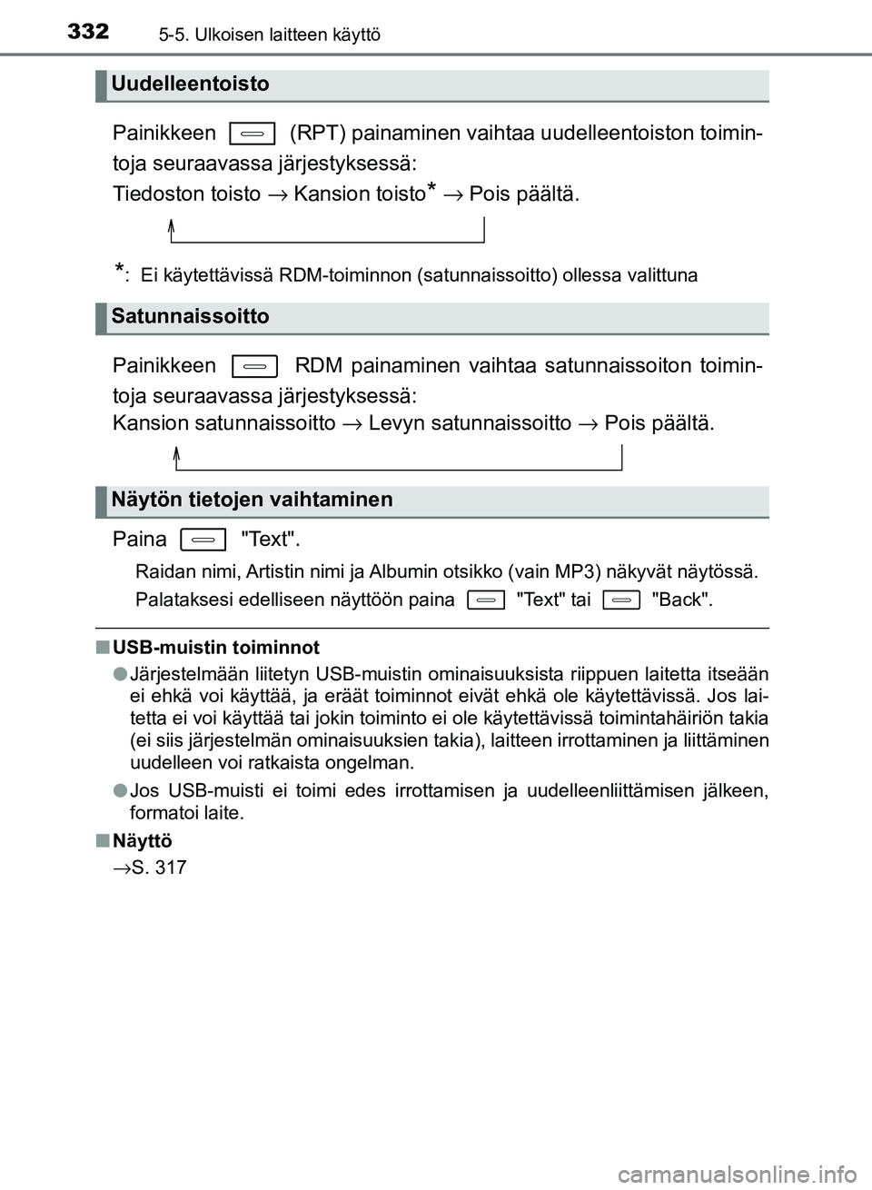 TOYOTA AURIS 2018 Omistajan Käsikirja (in Finnish) 3325-5. Ulkoisen laitteen käyttö
OM12M54FI
Painikkeen (RPT) painaminen vaihtaa uudelleentoiston toimin-
toja seuraavassa järjestyksessä:
Tiedoston toisto → Kansion toisto
* → Pois päältà TOYOTA AURIS 2018 Omistajan Käsikirja (in Finnish) 3325-5. Ulkoisen laitteen käyttö
OM12M54FI
Painikkeen (RPT) painaminen vaihtaa uudelleentoiston toimin-
toja seuraavassa järjestyksessä:
Tiedoston toisto → Kansion toisto
* → Pois päältÃ