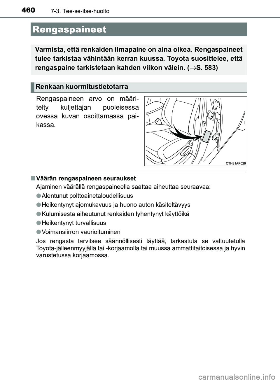 TOYOTA AURIS 2018 Omistajan Käsikirja (in Finnish) 4607-3. Tee-se-itse-huolto
OM12M54FI
Rengaspaineen arvo on määri-
telty kuljettajan puoleisessa
ovessa kuvan osoittamassa pai-
kassa.
n Väärän rengaspaineen seuraukset
Ajaminen väärällä renga TOYOTA AURIS 2018 Omistajan Käsikirja (in Finnish) 4607-3. Tee-se-itse-huolto
OM12M54FI
Rengaspaineen arvo on määri-
telty kuljettajan puoleisessa
ovessa kuvan osoittamassa pai-
kassa.
n Väärän rengaspaineen seuraukset
Ajaminen väärällä renga