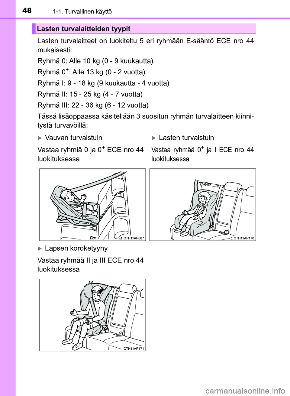 TOYOTA AURIS 2018  Omistajan Käsikirja (in Finnish) 481-1. Turvallinen käyttö
OM12M54FI
Lasten turvalaitteet on luokiteltu 5 eri ryhmään E-sääntö ECE nro 44
mukaisesti:
Ryhmä 0: Alle 10 kg (0 - 9 kuukautta)
Ryhmä 0
+: Alle 13 kg (0 - 2 vuotta)