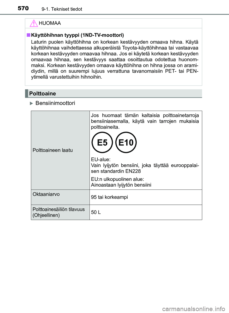 TOYOTA AURIS 2018  Omistajan Käsikirja (in Finnish) 5709-1. Tekniset tiedot
OM12M54FI
Bensiinimoottori
HUOMAA
nKäyttöhihnan tyyppi (1ND-TV-moottori)
Laturin puolen käyttöhihna on korkean kestävyyden omaava hihna.\
 Käytä
käyttöhihnaa vaihde
