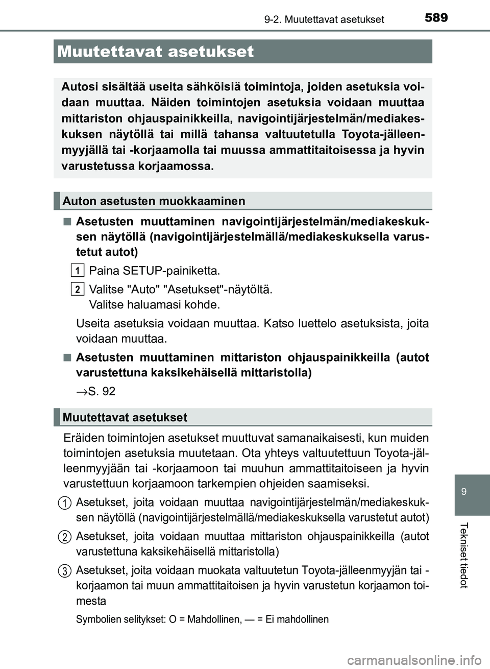 TOYOTA AURIS 2018  Omistajan Käsikirja (in Finnish) 589
OM12M54FI
9
Tekniset tiedot
9-2. Muutettavat asetukset
nAsetusten muuttaminen navigointijärjestelmän/mediakeskuk-
sen näytöllä (navigointijärjestelmällä/mediakeskuksella varus-
tetut autot