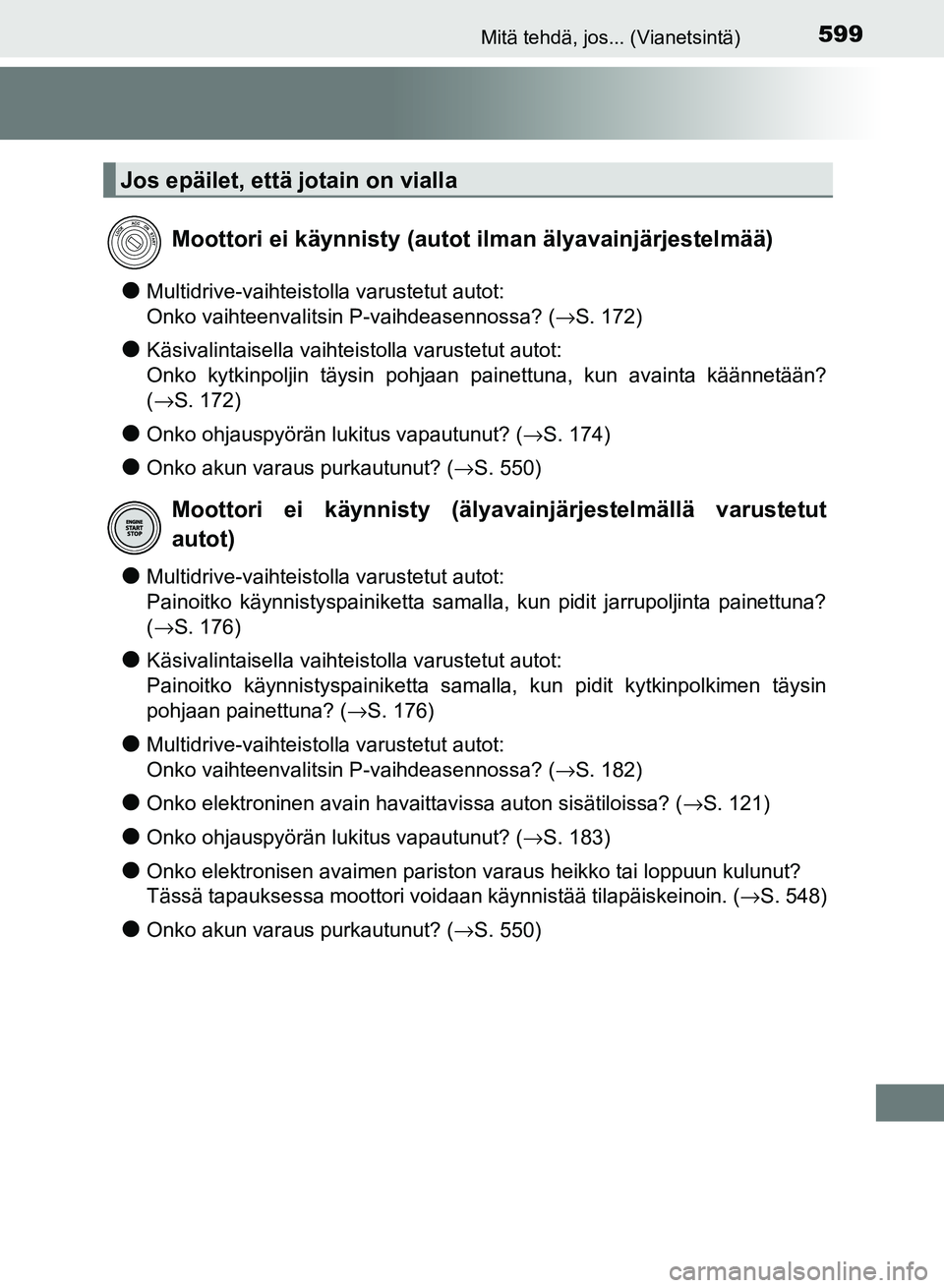 TOYOTA AURIS 2018 Omistajan Käsikirja (in Finnish) 599Mitä tehdä, jos... (Vianetsintä)
OM12M54FI
lMultidrive-vaihteistolla varustetut autot:
Onko vaihteenvalitsin P-vaihdeasennossa? (→S. 172)
lKäsivalintaisella vaihteistolla varustetut autot:
On TOYOTA AURIS 2018 Omistajan Käsikirja (in Finnish) 599Mitä tehdä, jos... (Vianetsintä)
OM12M54FI
lMultidrive-vaihteistolla varustetut autot:
Onko vaihteenvalitsin P-vaihdeasennossa? (→S. 172)
lKäsivalintaisella vaihteistolla varustetut autot:
On
