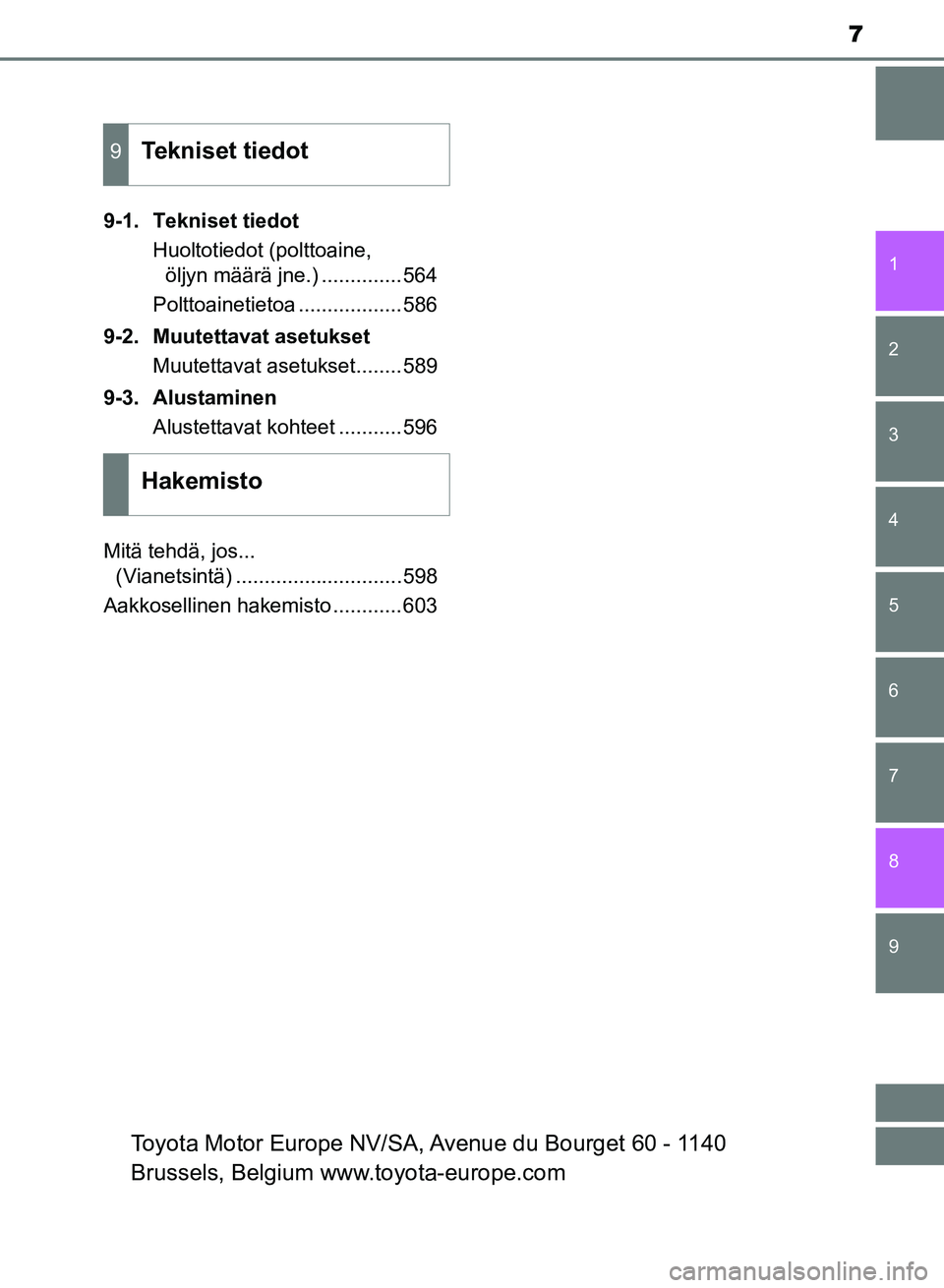 TOYOTA AURIS 2018  Omistajan Käsikirja (in Finnish) 7
1
9 8
7 5 4
3
2
OM12M54FI
6
9-1. Tekniset tiedotHuoltotiedot (polttoaine, öljyn määrä jne.) ..............564
Polttoainetietoa ..................586
9-2. Muutettavat asetukset Muutettavat asetuk