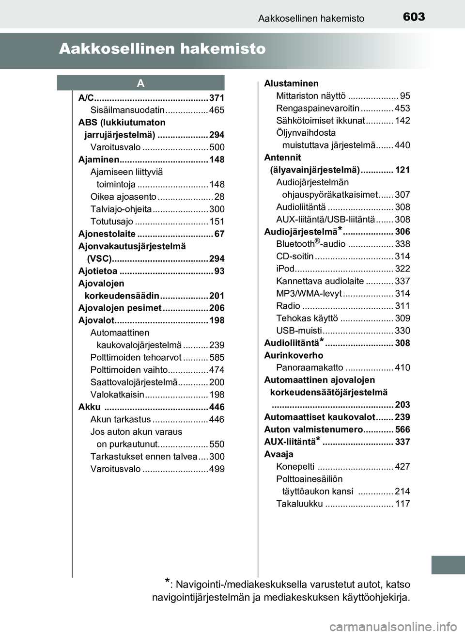 TOYOTA AURIS 2018  Omistajan Käsikirja (in Finnish) 603
OM12M54FI
Aakkosellinen hakemisto
 Aakkosellinen hakemisto
A/C............................................. 371Sisäilmansuodatin ................. 465
ABS (lukkiutumaton  jarrujärjestelmä) ....