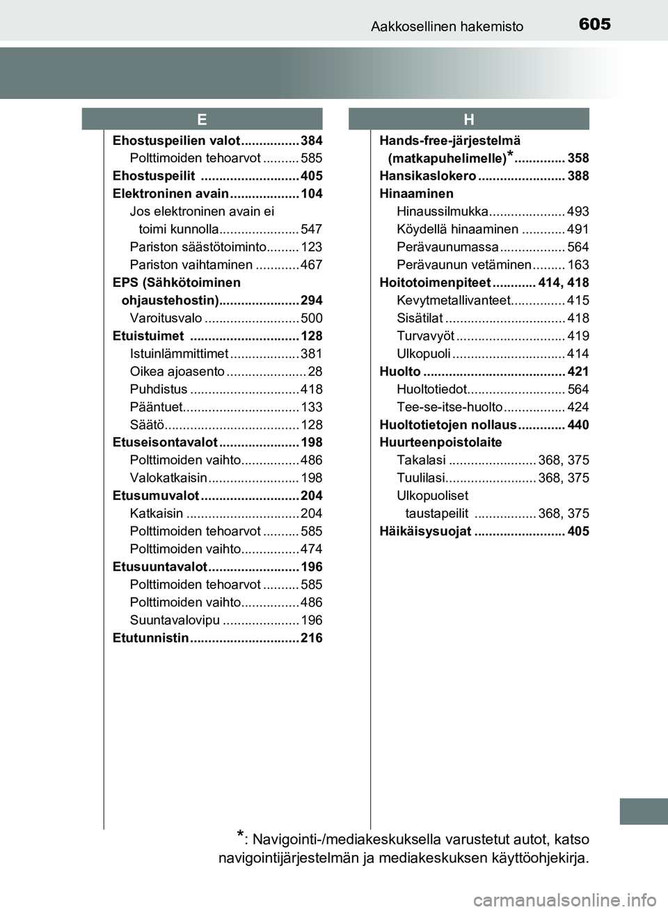 TOYOTA AURIS 2018  Omistajan Käsikirja (in Finnish) 605Aakkosellinen hakemisto
OM12M54FI
Ehostuspeilien valot ................ 384Polttimoiden tehoarvot .......... 585
Ehostuspeilit ........................... 405
Elektroninen avain ...................