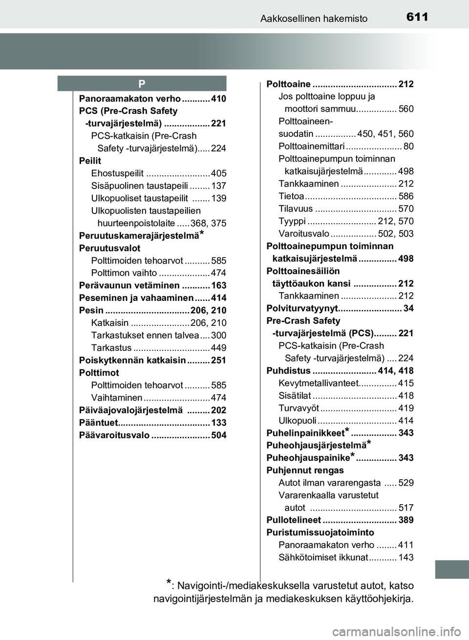 TOYOTA AURIS 2018  Omistajan Käsikirja (in Finnish) 611Aakkosellinen hakemisto
OM12M54FI
Panoraamakaton verho ........... 410
PCS (Pre-Crash Safety -turvajärjestelmä) .................. 221 PCS-katkaisin (Pre-Crash Safety -turvajärjestelmä)..... 22