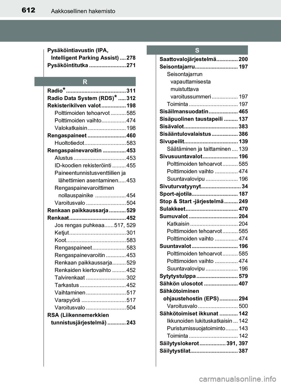 TOYOTA AURIS 2018  Omistajan Käsikirja (in Finnish) 612Aakkosellinen hakemisto
OM12M54FI
Pysäköintiavustin (IPA, Intelligent Parking Assist) .... 278
Pysäköintitutka ........................ 271
Radio
*....................................... 311
Ra