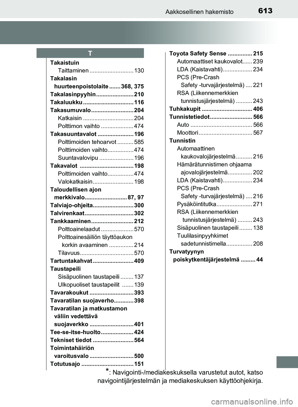 TOYOTA AURIS 2018  Omistajan Käsikirja (in Finnish) 613Aakkosellinen hakemisto
OM12M54FI
TakaistuinTaittaminen ........................... 130
Takalasin  huurteenpoistola ite ....... 368, 375
Takalasinpyyhin ....................... 210
Takaluukku .....