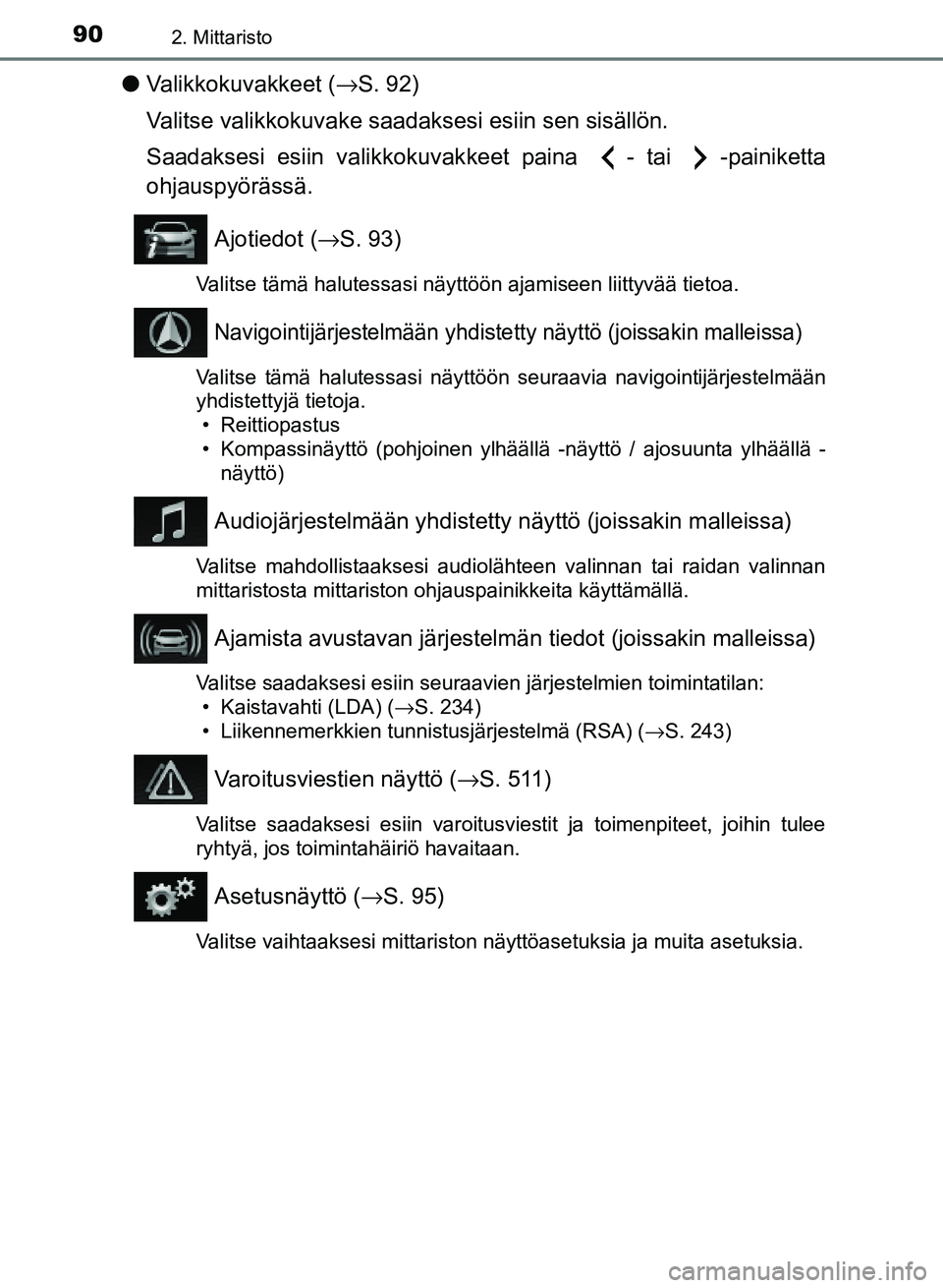 TOYOTA AURIS 2018 Omistajan Käsikirja (in Finnish) 902. Mittaristo
OM12M54FI
lValikkokuvakkeet ( →S. 92)
Valitse valikkokuvake saadaksesi esiin sen sisällön.
Saadaksesi esiin valikkokuvak keet paina - tai -painiketta
ohjauspyörässä.
Ajotiedot TOYOTA AURIS 2018 Omistajan Käsikirja (in Finnish) 902. Mittaristo
OM12M54FI
lValikkokuvakkeet ( →S. 92)
Valitse valikkokuvake saadaksesi esiin sen sisällön.
Saadaksesi esiin valikkokuvak keet paina - tai -painiketta
ohjauspyörässä.
Ajotiedot