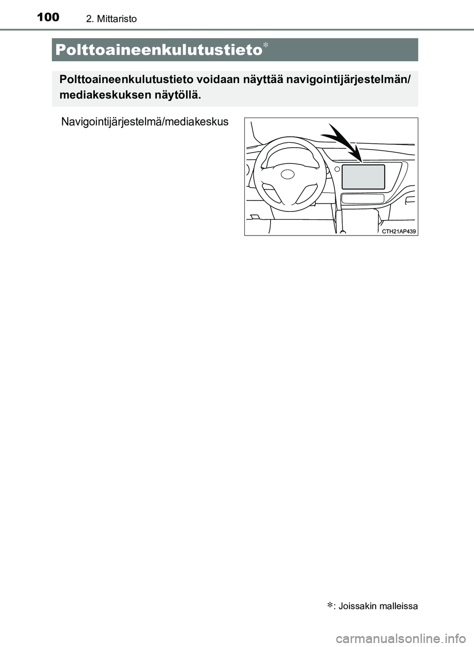 TOYOTA AURIS 2018 Omistajan Käsikirja (in Finnish) 1002. Mittaristo
OM12M54FI
Navigointijärjestelmä/mediakeskus
Polttoaineenkulutustieto∗
∗: Joissakin malleissa
Polttoaineenkulutustieto voidaan näyttää navigointijärjestelmän/
mediakeskuksen TOYOTA AURIS 2018 Omistajan Käsikirja (in Finnish) 1002. Mittaristo
OM12M54FI
Navigointijärjestelmä/mediakeskus
Polttoaineenkulutustieto∗
∗: Joissakin malleissa
Polttoaineenkulutustieto voidaan näyttää navigointijärjestelmän/
mediakeskuksen