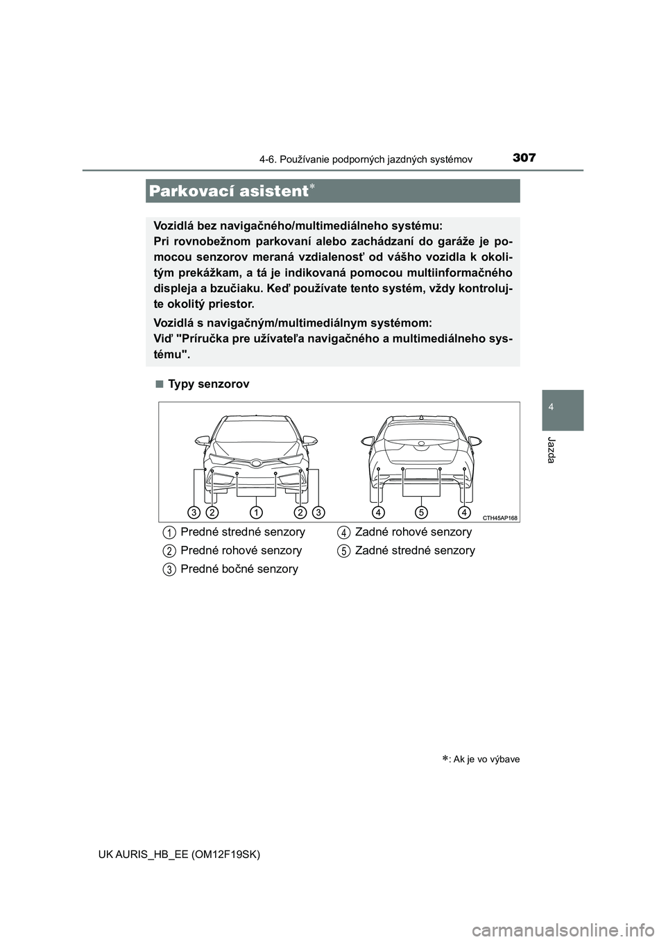 TOYOTA AURIS 2018  Návod na použitie (in Slovakian) 3074-6. Používanie podporných jazdných systémov
UK AURIS_HB_EE (OM12F19SK)
4
Jazda
■Ty p y   s e n z o r o v
Parkovací asistent
: Ak je vo výbave
Vozidlá bez navigačného/multimediál