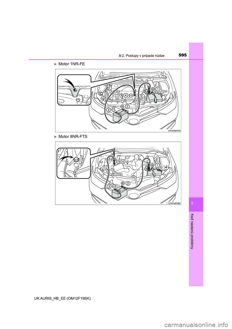 TOYOTA AURIS 2018 Návod na použitie (in Slovakian) 5958-2. Postupy v prípade núdze
UK AURIS_HB_EE (OM12F19SK)
8
Keď nastanú problémy
Motor 1NR-FE
Motor 8NR-FTS TOYOTA AURIS 2018 Návod na použitie (in Slovakian) 5958-2. Postupy v prípade núdze
UK AURIS_HB_EE (OM12F19SK)
8
Keď nastanú problémy
Motor 1NR-FE
Motor 8NR-FTS