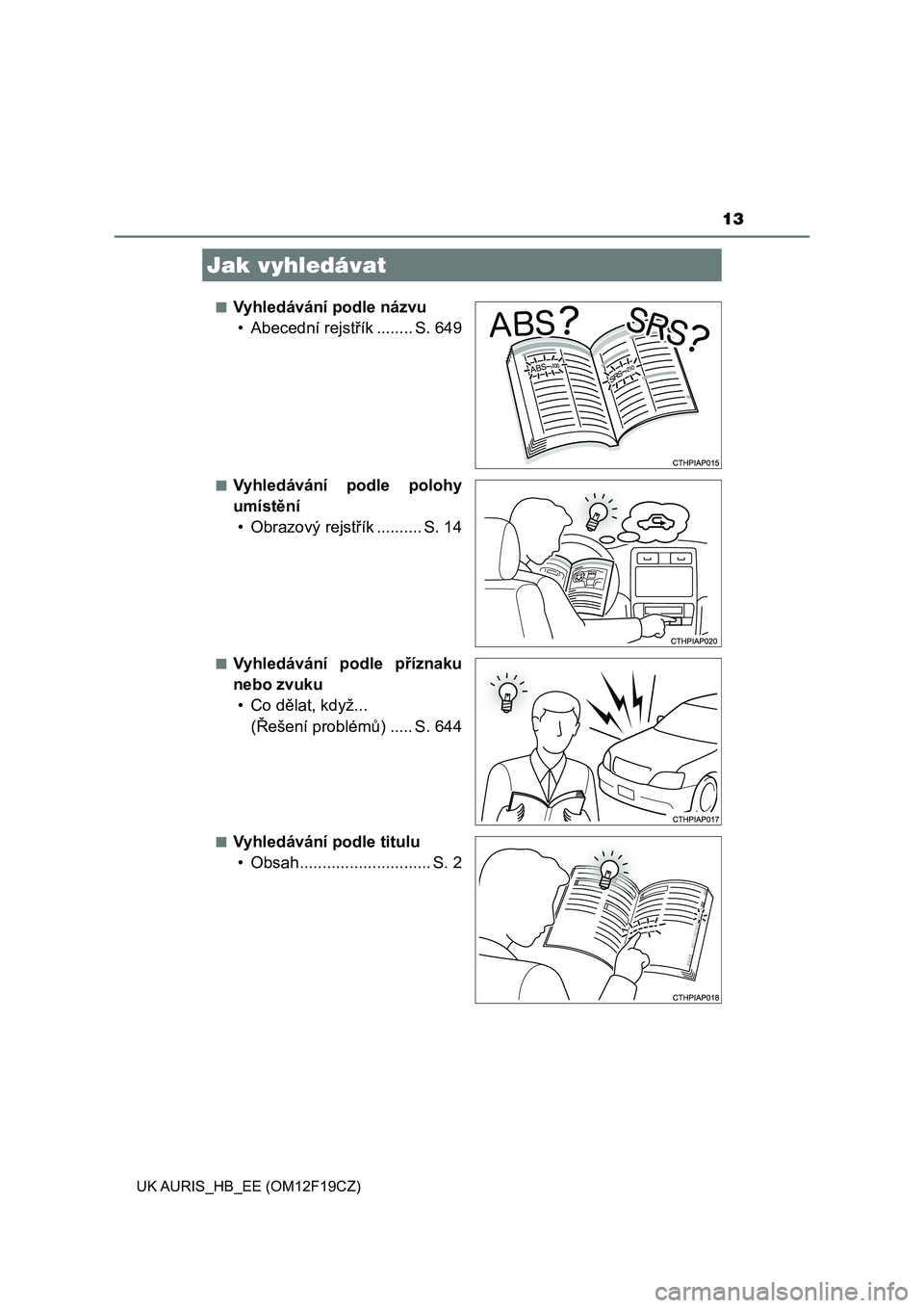 TOYOTA AURIS 2018  Návod na použití (in Czech) 13
UK AURIS_HB_EE (OM12F19CZ) 
■Vyhledávání podle názvu 
• Abecední rejstřík ........ S. 649
■Vyhledávání  podle  polohy
umístění
• Obrazový rejstřík .......... S. 14
■Vyhled