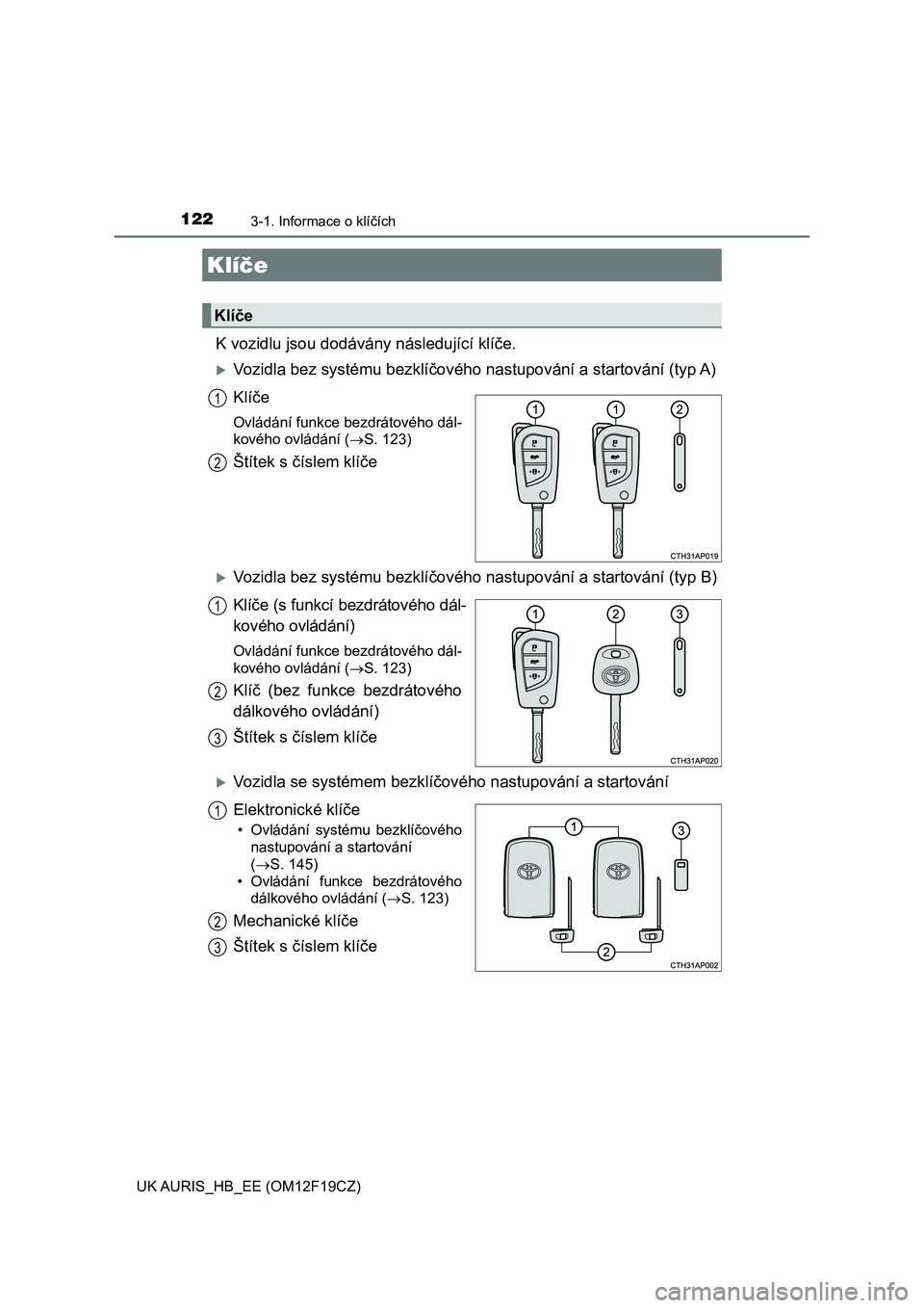 TOYOTA AURIS 2018  Návod na použití (in Czech) 122
UK AURIS_HB_EE (OM12F19CZ)
3-1. Informace o klíčích
K vozidlu jsou dodávány následující klíče.
Vozidla bez systému bezklíčového nastupování a startování (typ A)
Klíče
Ovlád