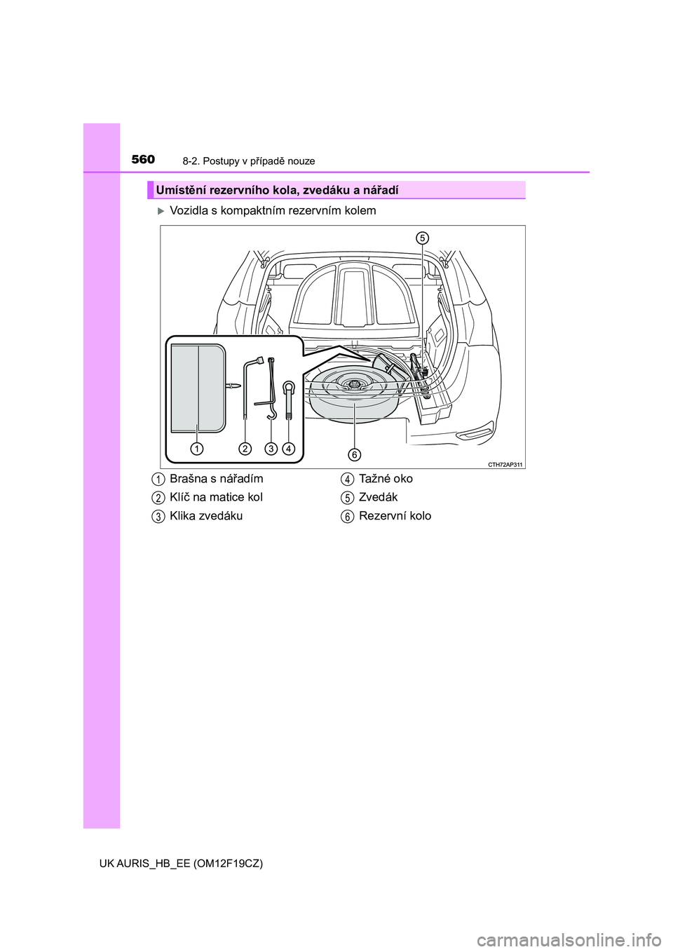 TOYOTA AURIS 2018 Návod na použití (in Czech) 5608-2. Postupy v případě nouze
UK AURIS_HB_EE (OM12F19CZ)
Vozidla s kompaktním rezervním kolem
Umístění rezervního kola, zvedáku a nářadí
Brašna s nářadím
Klíč na matice kol
Kli TOYOTA AURIS 2018 Návod na použití (in Czech) 5608-2. Postupy v případě nouze
UK AURIS_HB_EE (OM12F19CZ)
Vozidla s kompaktním rezervním kolem
Umístění rezervního kola, zvedáku a nářadí
Brašna s nářadím
Klíč na matice kol
Kli