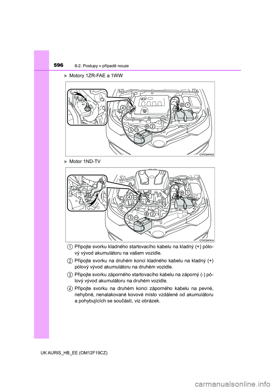 TOYOTA AURIS 2018  Návod na použití (in Czech) 5968-2. Postupy v případě nouze
UK AURIS_HB_EE (OM12F19CZ)
Motory 1ZR-FAE a 1WW
Motor 1ND-TV
Připojte svorku kladného startovacího kabelu na kladný (+) pólo-
vý vývod akumulátoru na v