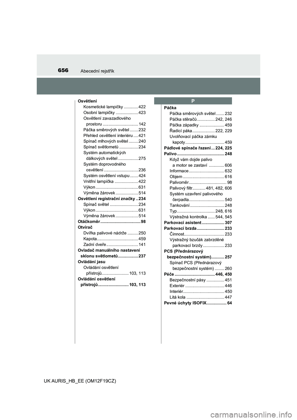 TOYOTA AURIS 2018  Návod na použití (in Czech) 656Abecední rejstřík
UK AURIS_HB_EE (OM12F19CZ)
Osvětlení
Kosmetické lampičky ............ 422
Osobní lampičky ................... 423
Osvětlení zavazadlového 
prostoru ...................