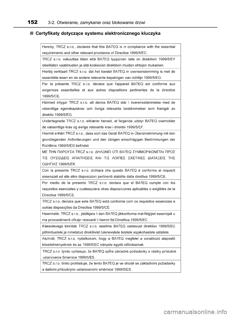 TOYOTA AURIS 2018  Instrukcja obsługi (in Polish) Certyfikaty dotyczàce systemu elektronicznego kluczyka
1523-2. Otwieranie, zamykanie oraz blokowanie drzwi
44 IO Auris OM12F19E  12/15/17  1:41 PM  Page 152    (Black plate) 