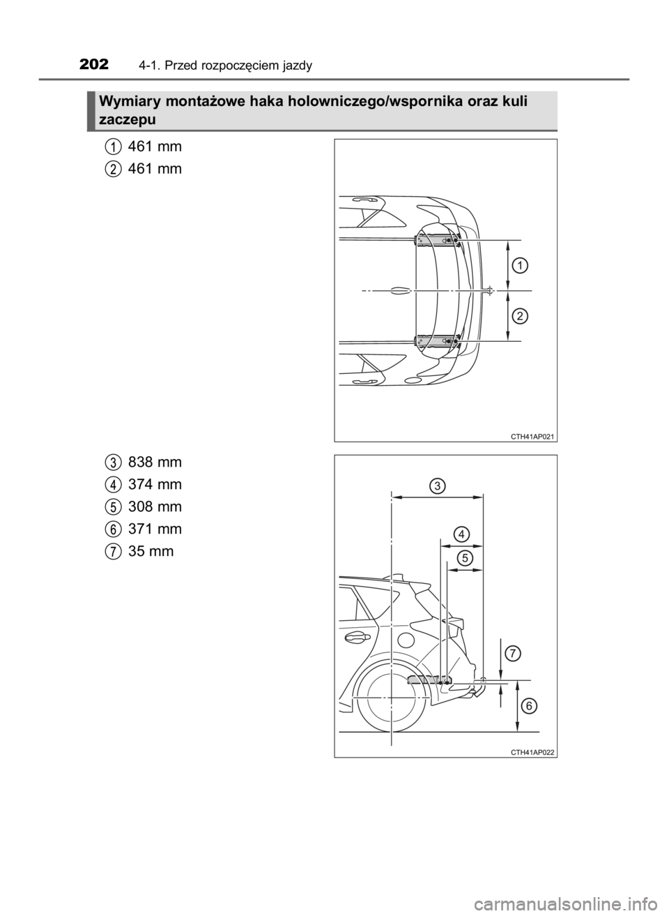 TOYOTA AURIS 2018  Instrukcja obsługi (in Polish) 461 mm
461 mm
838 mm
374 mm
308 mm
371 mm
35 mm
2024-1. Przed rozpocz´ciem jazdy
Wymiary monta˝owe haka holowniczego/wspornika oraz kuli
zaczepu
44 IO Auris OM12F19E  12/15/17  1:41 PM  Page 202    