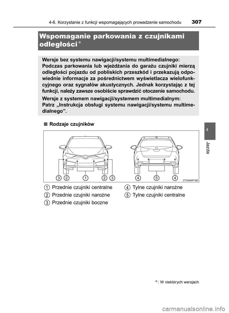 TOYOTA AURIS 2018  Instrukcja obsługi (in Polish) Rodzaje czujników
4-6. Korzystanie z funkcji wspomagajàcych prowadzenie samochodu307
4
Jazda
Wspomaganie parkowania z czujnikami 
odleg∏oÊci
✻
Wersje bez systemu nawigacji/systemu multimedialne