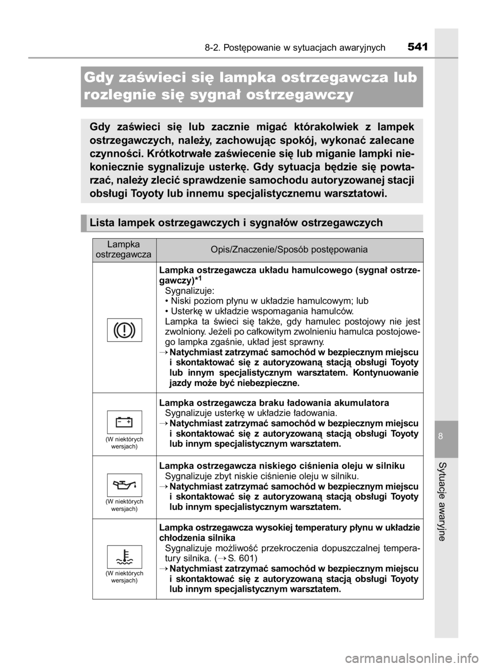 TOYOTA AURIS 2018  Instrukcja obsługi (in Polish) 8-2. Post´powanie w sytuacjach awaryjnych541
8
Sytuacje awaryjne
Lampka ostrzegawcza uk∏adu hamulcowego (sygna∏ ostrze-
gawczy)*1
Sygnalizuje:
• Niski poziom p∏ynu w uk∏adzie hamulcowym; lu