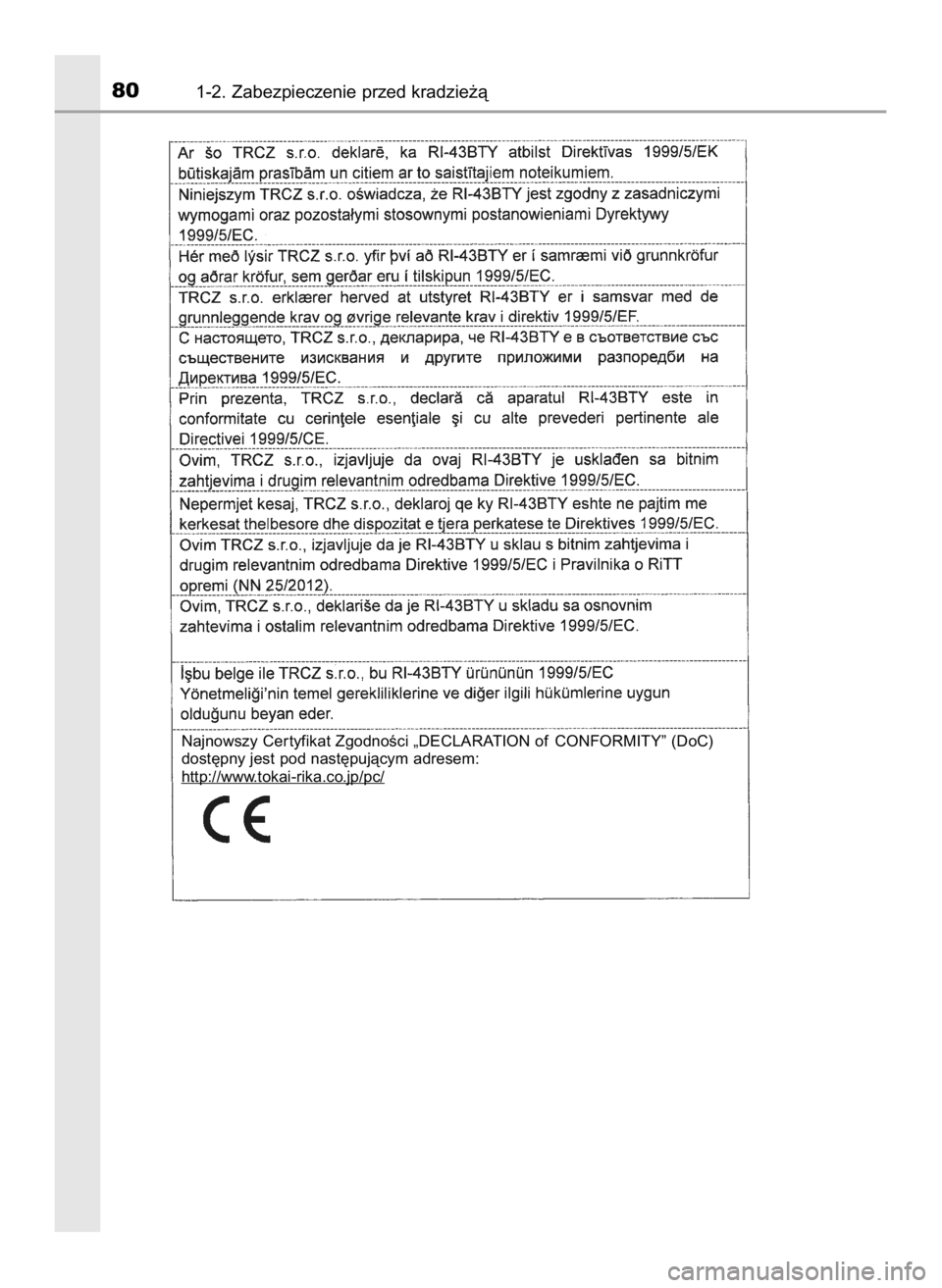 TOYOTA AURIS 2018  Instrukcja obsługi (in Polish) 801-2. Zabezpieczenie przed kradzie˝à
Najnowszy Cer tyfikat ZgodnoÊci „DECLARATION of CONFORMITY” (DoC) 
dost´pny jest pod nast´pujàcym adresem:
http://www
.tokai-rika.co.jp/pc/
44 IO Auris 