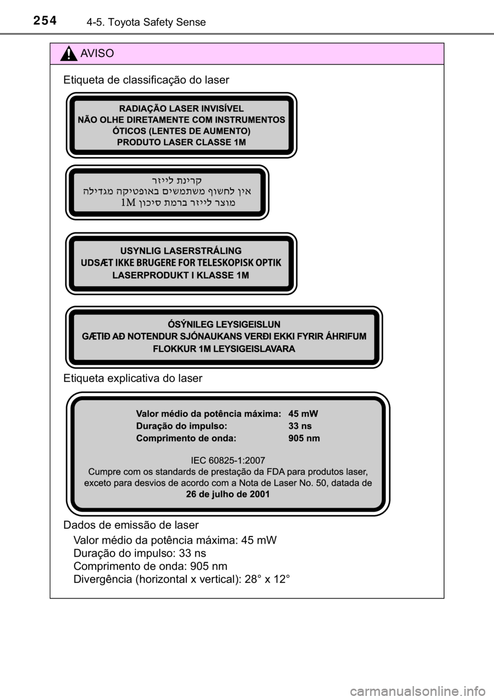 TOYOTA AURIS 2018  Manual de utilização (in Portuguese) 254������7�R�\�R�W�D��6�D�I�H�W�\��6�H�Q�V�H
�$�9 �, �6 �2
�(�W�L�T�X�H�W�D��G�H��F�O�D�V�V�L�I�L�F�D�o�m�R��G�R��O�D�V�H�U�
�(�W�L�T�X�H�W�D��H�[�S�O�L�F�D�W�L�Y�D��G�R��O�D�V�H�U
��D