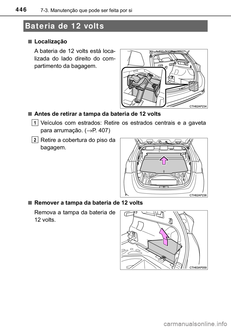 TOYOTA AURIS 2018  Manual de utilização (in Portuguese) 446������0�D�Q�X�W�H�Q�o�m�R��T�X�H��S�R�G�H��V�H�U��I�H�L�W�D��S�R�U��V�L
■�/�R�F�D�O�L�]�D�o�m�R
�$� �E�D�W�H�U�L�D� �G�H� ��� �Y�R�O�W�V� �H�V�W�i� �O�R�F�D�
�O�L�]�D�G�D� �G