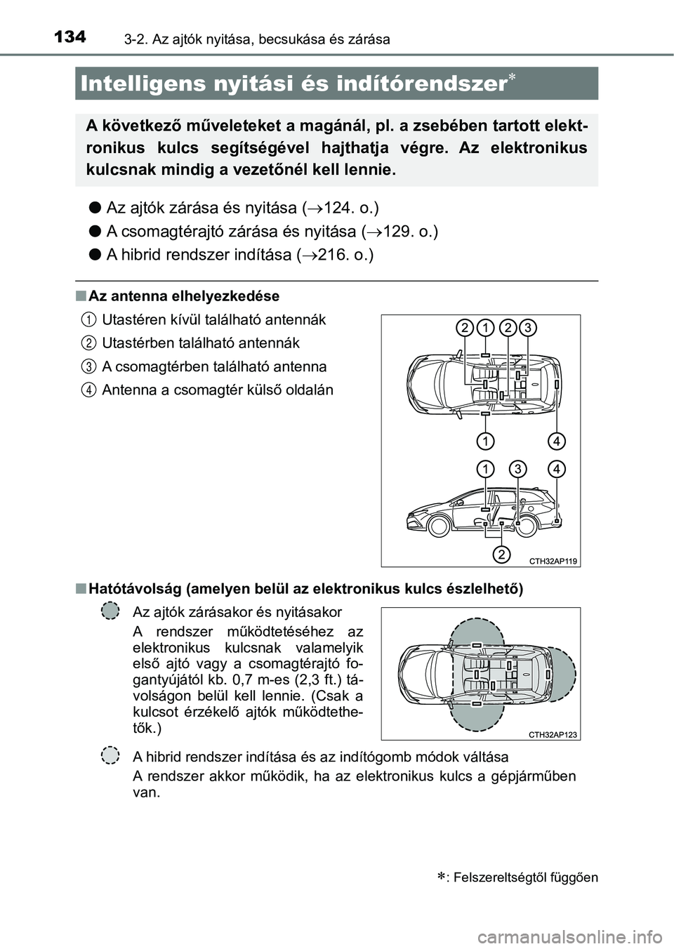 TOYOTA AURIS 2018 Kezelési útmutató (in Hungarian) 1343-2. Az ajtók nyitása, becsukása és zárása
lAz ajtók zárása és nyitása ( 124. o.)
l A csomagtérajtó zár ása és nyitása (129. o.)
l A hibrid rendszer indítása ( 216. o.)
TOYOTA AURIS 2018 Kezelési útmutató (in Hungarian) 1343-2. Az ajtók nyitása, becsukása és zárása
lAz ajtók zárása és nyitása ( 124. o.)
l A csomagtérajtó zár ása és nyitása (129. o.)
l A hibrid rendszer indítása ( 216. o.)