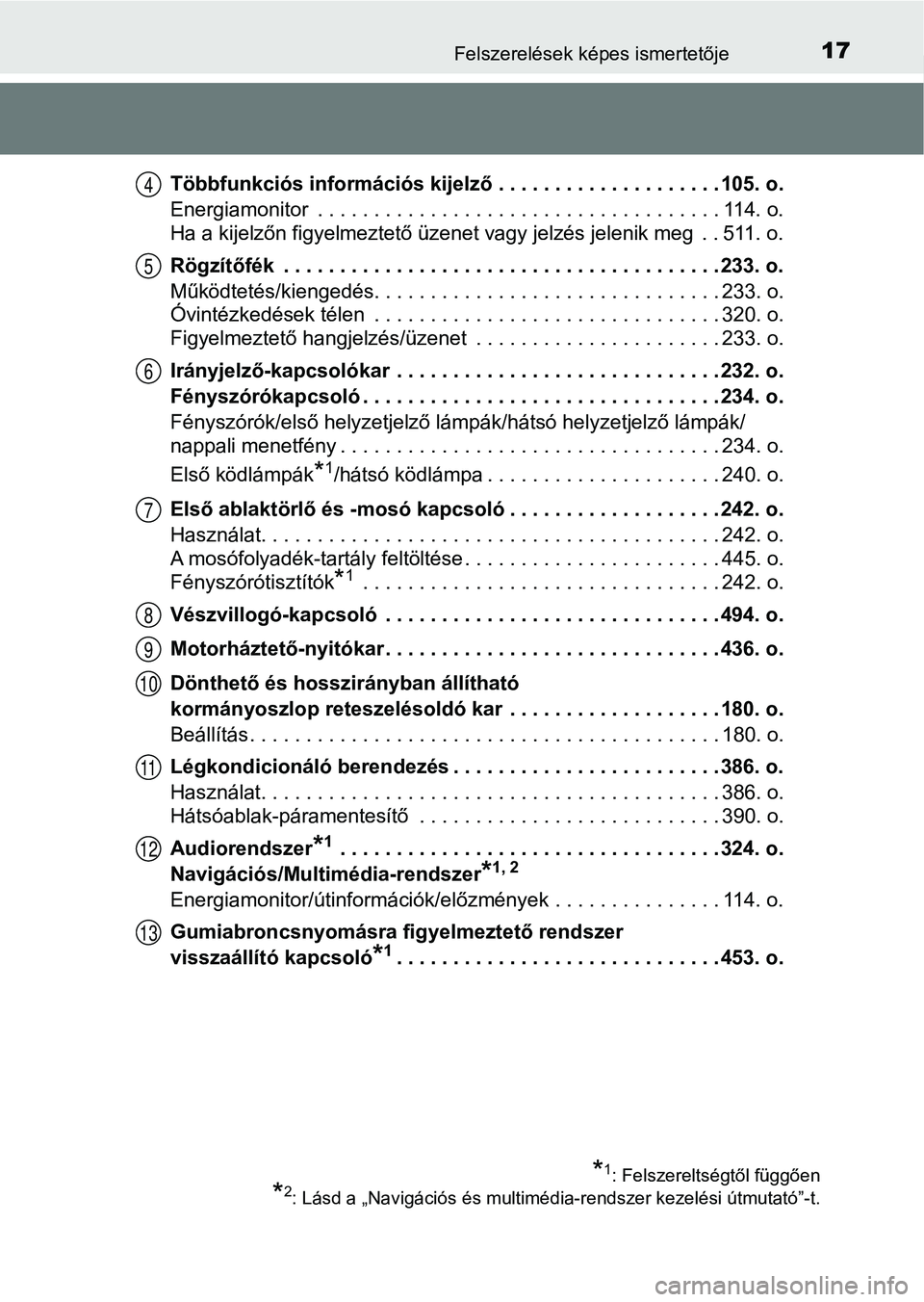 TOYOTA AURIS 2018 Kezelési útmutató (in Hungarian) 17Felszerelések képes ismertetője
Többfunkciós információs kijelző . . . . . . . . . . . . . . . . . . . . 105. o.
Energiamonitor . . . . . . . . . . . . . . . . . . . . . . . . . . . . . . . TOYOTA AURIS 2018 Kezelési útmutató (in Hungarian) 17Felszerelések képes ismertetője
Többfunkciós információs kijelző . . . . . . . . . . . . . . . . . . . . 105. o.
Energiamonitor . . . . . . . . . . . . . . . . . . . . . . . . . . . . . . .