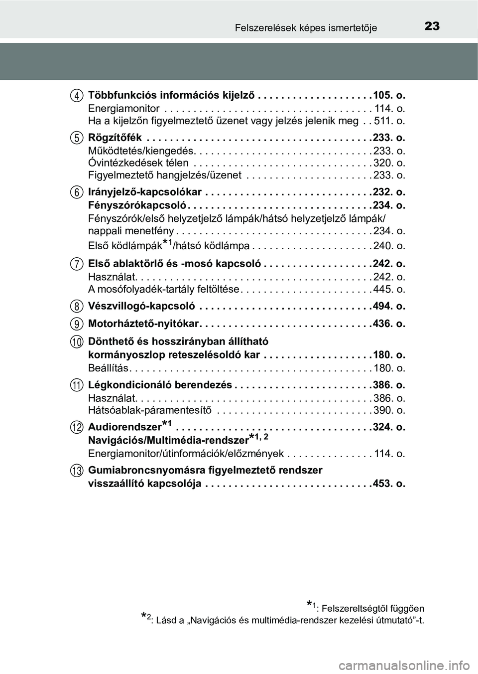 TOYOTA AURIS 2018  Kezelési útmutató (in Hungarian) 23Felszerelések képes ismertetője
Többfunkciós információs kijelző . . . . . . . . . . . . . . . . . . . . 105. o.
Energiamonitor  . . . . . . . . . . . . . . . . . . . . . . . . . . . . . . .