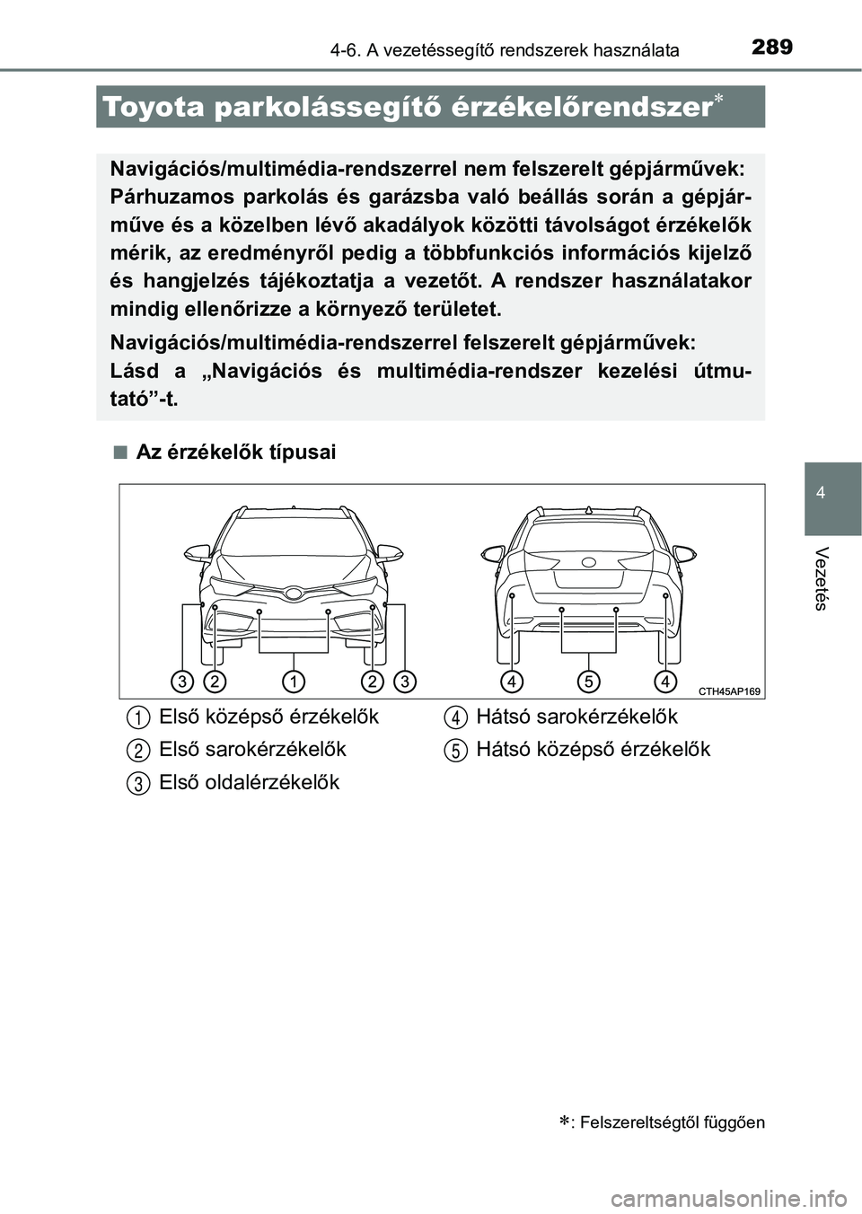 TOYOTA AURIS 2018 Kezelési útmutató (in Hungarian) 2894-6. A vezetéssegítő rendszerek használata
4
Vezetés
nAz érzékelők típusai
Toyota parkolássegít ő érzékel őrendszer
: Felszereltségtől függően
Navigációs/multimédia-rend TOYOTA AURIS 2018 Kezelési útmutató (in Hungarian) 2894-6. A vezetéssegítő rendszerek használata
4
Vezetés
nAz érzékelők típusai
Toyota parkolássegít ő érzékel őrendszer
: Felszereltségtől függően
Navigációs/multimédia-rend