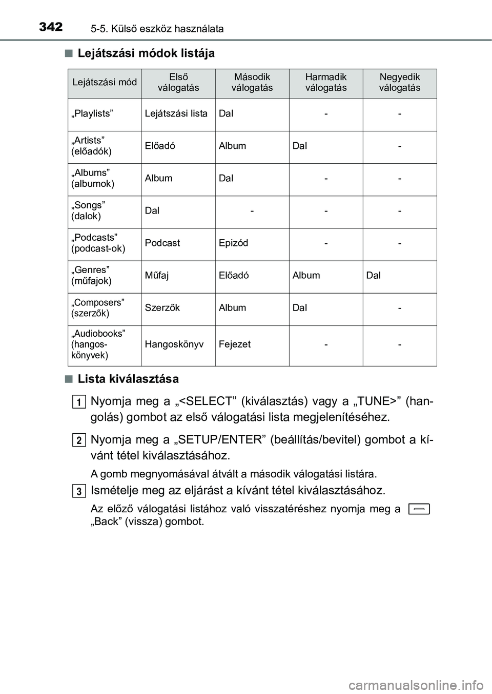 TOYOTA AURIS 2018 Kezelési útmutató (in Hungarian) 3425-5. Külső eszköz használata
nLejátszási módok listája
nLista kiválasztásaNyomja meg a „<SELECT” (kiválasztás) vagy a „TUNE>” (han-
golás) gombot az első válogat ási lista m TOYOTA AURIS 2018 Kezelési útmutató (in Hungarian) 3425-5. Külső eszköz használata
nLejátszási módok listája
nLista kiválasztásaNyomja meg a „<SELECT” (kiválasztás) vagy a „TUNE>” (han-
golás) gombot az első válogat ási lista m