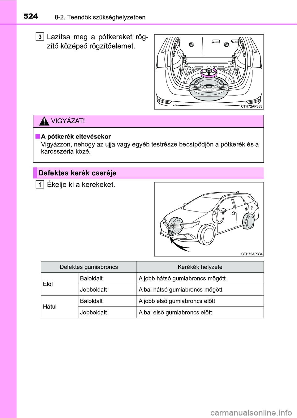 TOYOTA AURIS 2018 Kezelési útmutató (in Hungarian) 5248-2. Teendők szükséghelyzetben
Lazítsa meg a pótkereket rög-
zítő középső rögzítőelemet.
Ékelje ki a kerekeket.3
VIGYÁZAT!
nA pótkerék eltevésekor
Vigyázzon, nehogy az ujja TOYOTA AURIS 2018 Kezelési útmutató (in Hungarian) 5248-2. Teendők szükséghelyzetben
Lazítsa meg a pótkereket rög-
zítő középső rögzítőelemet.
Ékelje ki a kerekeket.3
VIGYÁZAT!
nA pótkerék eltevésekor
Vigyázzon, nehogy az ujja