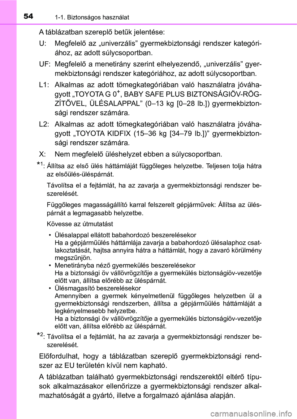 TOYOTA AURIS 2018  Kezelési útmutató (in Hungarian) 541-1. Biztonságos használat
A táblázatban szereplő betűk jelentése:
U: Megfelelő  az  „univerzális”  g yermekbiztonsági  rendszer  kategór i-
ához, az adott súlycsoportban.
UF: Megfe