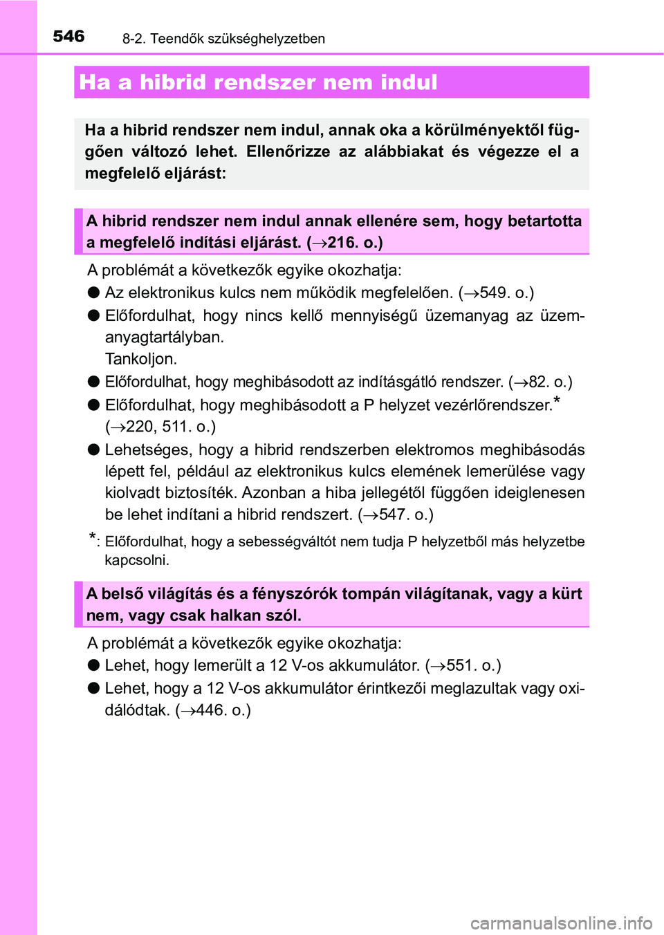 TOYOTA AURIS 2018 Kezelési útmutató (in Hungarian) 5468-2. Teendők szükséghelyzetben
A problémát a következők egyike okozhatja:
lAz elektronikus kulcs ne m működik megfelelően. ( 549. o.)
l Előfordulhat, hogy nincs kellő m ennyiség TOYOTA AURIS 2018 Kezelési útmutató (in Hungarian) 5468-2. Teendők szükséghelyzetben
A problémát a következők egyike okozhatja:
lAz elektronikus kulcs ne m működik megfelelően. ( 549. o.)
l Előfordulhat, hogy nincs kellő m ennyiség