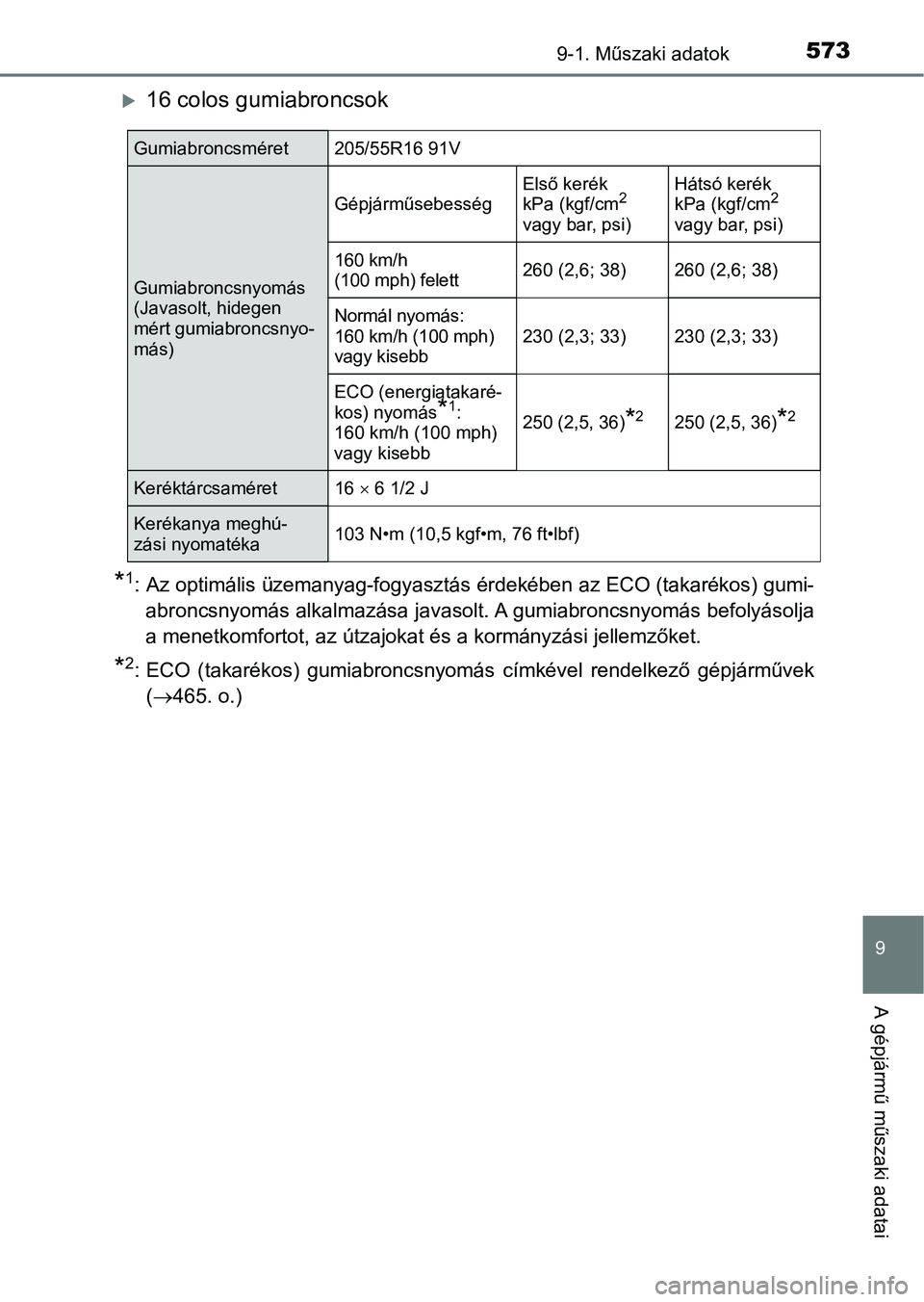 TOYOTA AURIS 2018 Kezelési útmutató (in Hungarian) 5739-1. Műszaki adatok
9
A gépjármű műszaki adatai
16 colos gumiabroncsok
*1: Az optimális üzemanyag-fogyasztás érdekében az ECO (takarékos) gumi-
abroncsnyomás alkalmazása javasolt. A TOYOTA AURIS 2018 Kezelési útmutató (in Hungarian) 5739-1. Műszaki adatok
9
A gépjármű műszaki adatai
16 colos gumiabroncsok
*1: Az optimális üzemanyag-fogyasztás érdekében az ECO (takarékos) gumi-
abroncsnyomás alkalmazása javasolt. A