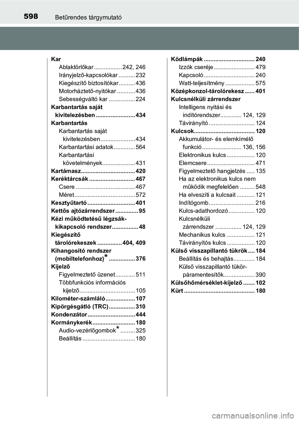 TOYOTA AURIS 2018  Kezelési útmutató (in Hungarian) 598Betűrendes tárgymutató
KarAblaktörlőkar ................. 242, 246
Irányjelző-kapcsolókar .......... 232
Kiegészítő biztosítókar .......... 436
Motorháztető-nyitókar ........... 436