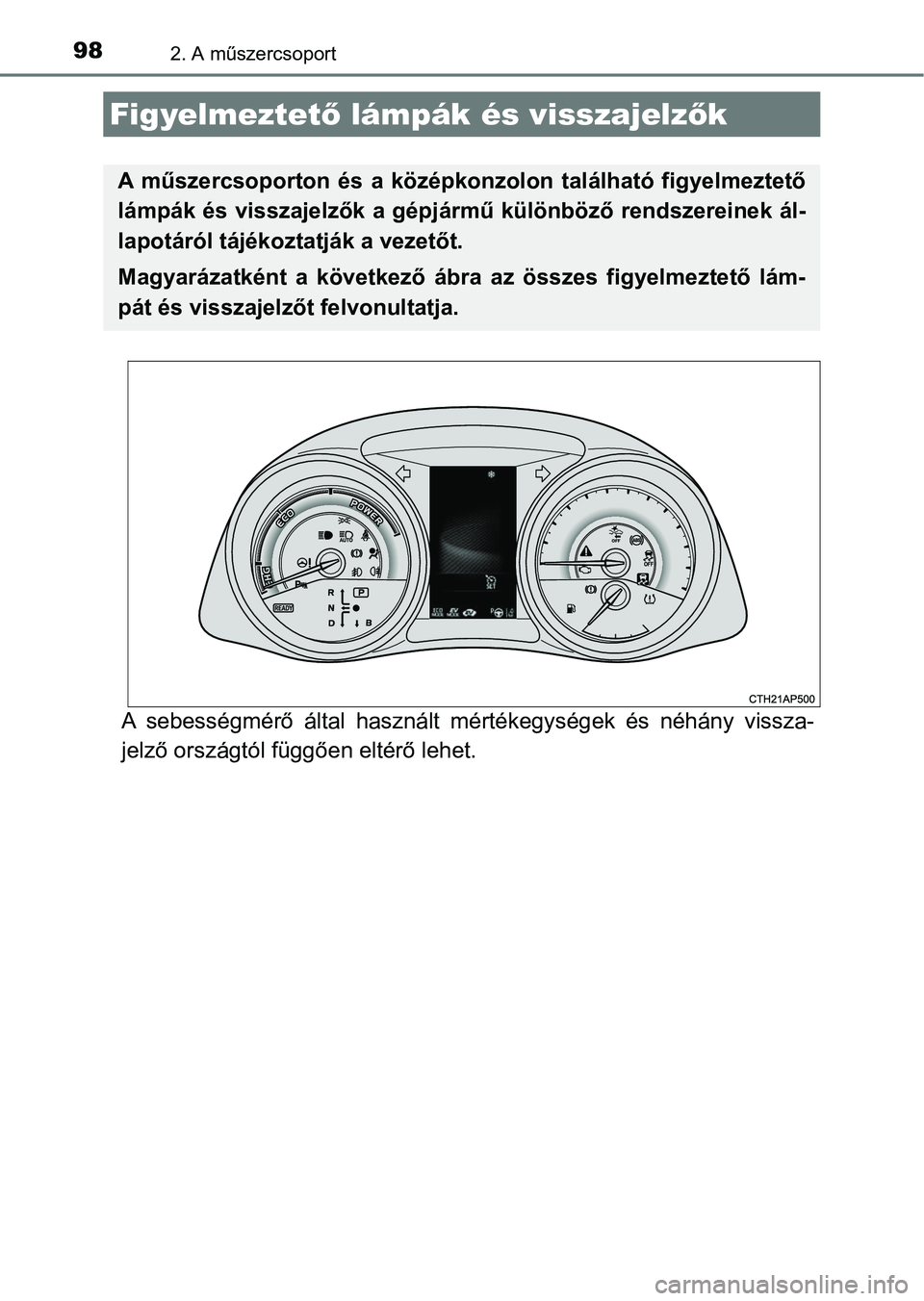 TOYOTA AURIS 2018 Kezelési útmutató (in Hungarian) 982. A műszercsoport
A sebességmérő által használt mértékegységek és néhány vissza-
jelző országtól függően eltérő lehet.
Figyelmeztető lámpák és visszajelz ők
A műsze TOYOTA AURIS 2018 Kezelési útmutató (in Hungarian) 982. A műszercsoport
A sebességmérő által használt mértékegységek és néhány vissza-
jelző országtól függően eltérő lehet.
Figyelmeztető lámpák és visszajelz ők
A műsze