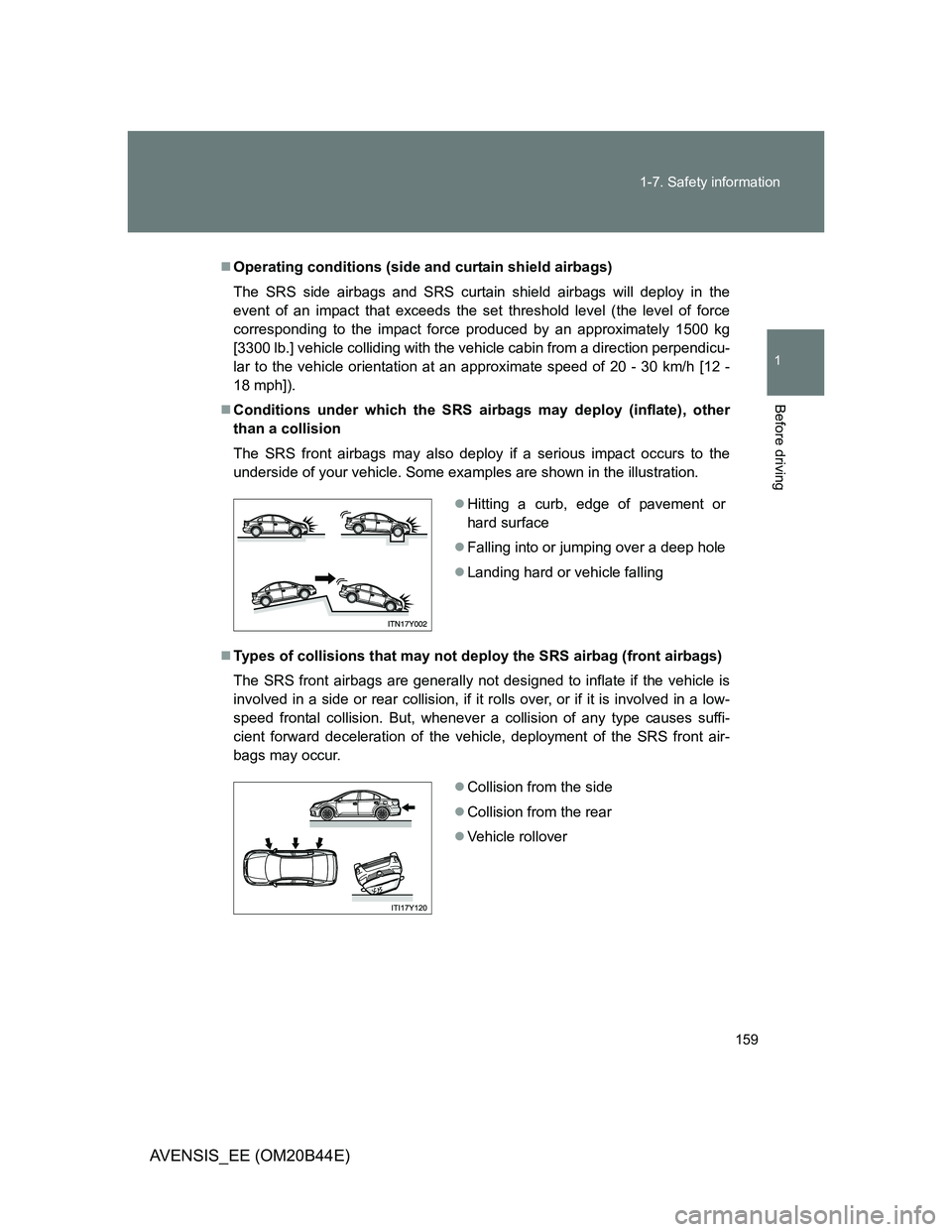 TOYOTA AVENSIS 2013  Owners Manual (in English) 159 1-7. Safety information
1
Before driving
AVENSIS_EE (OM20B44E)
Operating conditions (side and curtain shield airbags)
The SRS side airbags and SRS curtain shield airbags will deploy in the
even