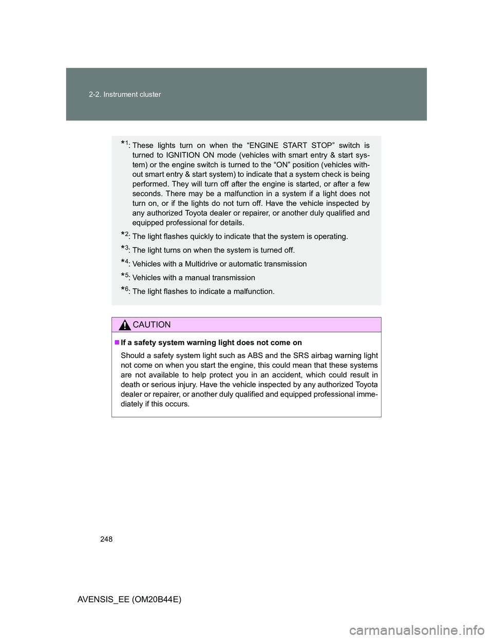 TOYOTA AVENSIS 2013 Owners Manual (in English) 248 2-2. Instrument cluster
AVENSIS_EE (OM20B44E)
CAUTION
If a safety system warning light does not come on
Should a safety system light such as ABS and the SRS airbag warning light
not come on whe TOYOTA AVENSIS 2013 Owners Manual (in English) 248 2-2. Instrument cluster
AVENSIS_EE (OM20B44E)
CAUTION
If a safety system warning light does not come on
Should a safety system light such as ABS and the SRS airbag warning light
not come on whe