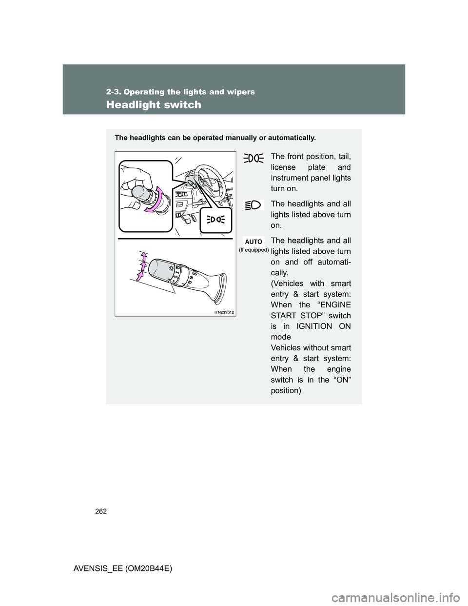 TOYOTA AVENSIS 2013  Owners Manual (in English) 262
AVENSIS_EE (OM20B44E)
2-3. Operating the lights and wipers
Headlight switch
The headlights can be operated manually or automatically.
The front position, tail,
license plate and
instrument panel l