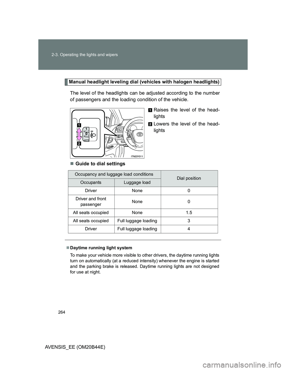 TOYOTA AVENSIS 2013  Owners Manual (in English) 264 2-3. Operating the lights and wipers
AVENSIS_EE (OM20B44E)
Manual headlight leveling dial (vehicles with halogen headlights)
The level of the headlights can be adjusted according to the number
of 