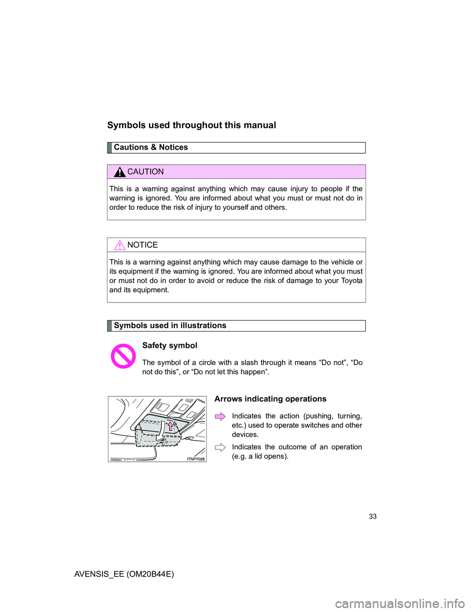 TOYOTA AVENSIS 2013 (in English) Owners Guide 33
AVENSIS_EE (OM20B44E)
Symbols used throughout this manual
Cautions & Notices
Symbols used in illustrations
CAUTION
This is a warning against anything which may cause injury to people if the
warnin TOYOTA AVENSIS 2013 (in English) Owners Guide 33
AVENSIS_EE (OM20B44E)
Symbols used throughout this manual
Cautions & Notices
Symbols used in illustrations
CAUTION
This is a warning against anything which may cause injury to people if the
warnin