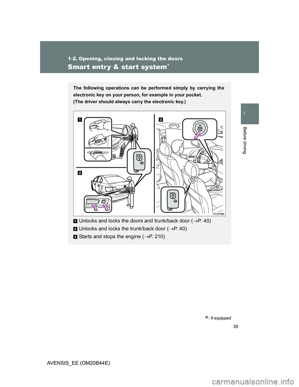 TOYOTA AVENSIS 2013  Owners Manual (in English) 39
1
Before driving
AVENSIS_EE (OM20B44E)
1-2. Opening, closing and locking the doors
Smart entr y & start system
: If equipped
The following operations can be performed simply by carrying the
e
